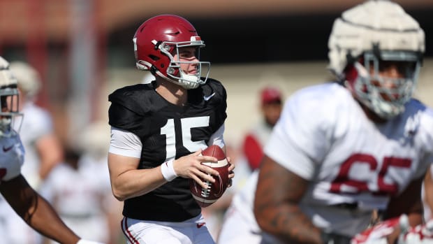 Ty Simpson, Alabama football practice - April 10, 2023